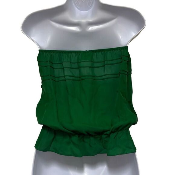 Parker XS 100% Silk Strapless Top Green Elastic Waist Peplum Blouson Top NWOT - Picture 2 of 9